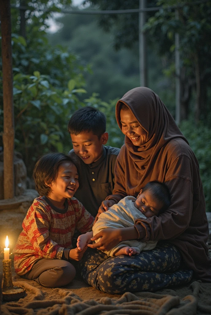 A family sitting at night