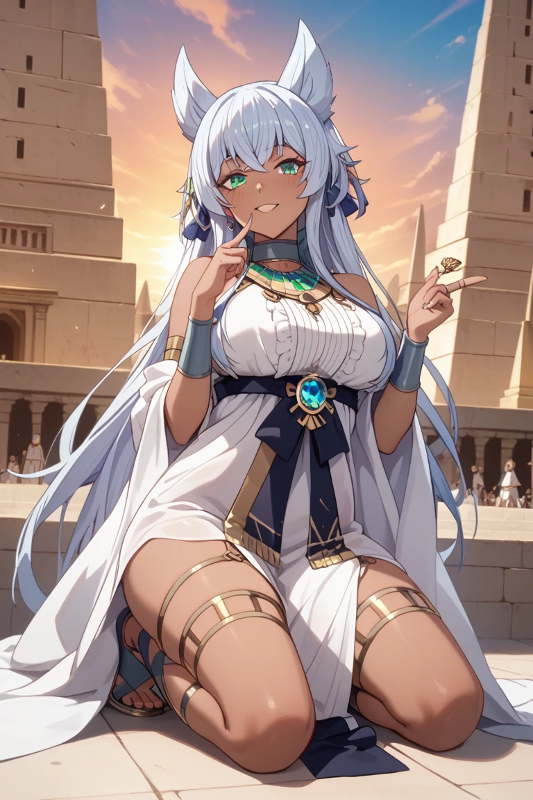 masterpiece, best quality, egyptian pyramid background, full body, running, windy, confused, upskirt,<lora:EgyptianClothes:1> egyptian clothes, <lora:shimakaze:0.7> shimakazeKC,  long hair, skirt, hair ornament, thighhighs, gloves, navel, black panties, hairband,  elbow gloves, striped thighhighs, highleg panties