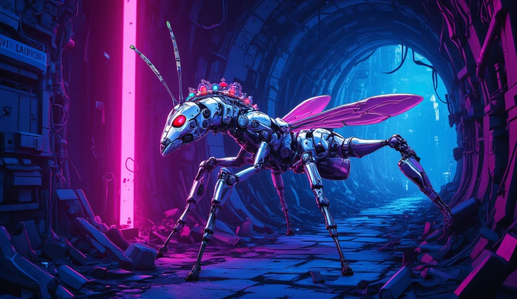 anime,cyberpunk,SentinelBot,cyberpunk style,Cyberpunk ant colony underground, biomechanical jewel-like ants, chrome and neon exoskeletons, glowing circuits, magenta and electric blue lights, high-tech tunnels, holographic lights, queen ant with chrome wings and LED crown, soldier ants with robotic limbs and red eyes, cyberpunk city ruins, glowing particles, digital atmosphere, cinematic lighting, high detail, futuristic tech aesthetic
