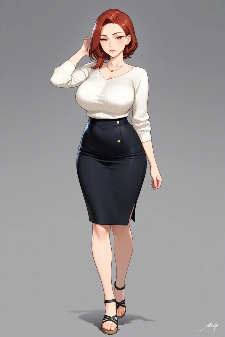 A cute sexy big breasted woman beautiful ash blonde hair round short messy cut her slanted orange eye wears a white blouse under a simple purple shirt and a tight black skirt black heels