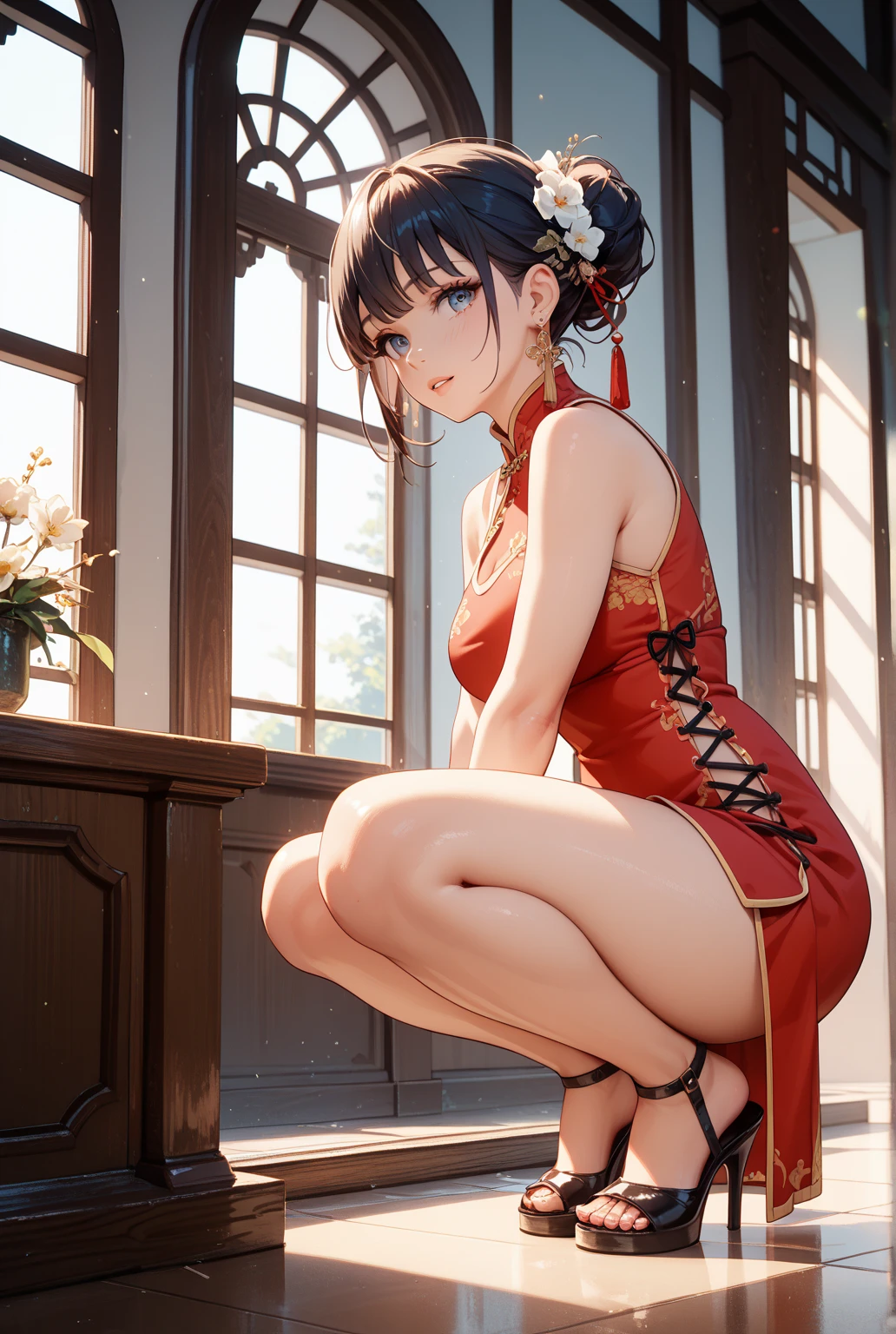 a sexy woman, (best quality), (masterpiece), (1girl), slim, anime, (flat chested), (chinese dress), (sitting), (protrait), (full body view), (spread legs)