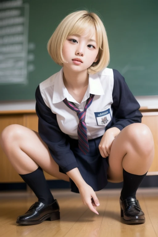 Top quality、Excellent detail、Extremely detailed depiction、(Raw photo:1.2)、Delicate skin、Ultra-high resolution、(Photorealistic、live-action)、Bright lighting、(Cute Japanese women)、(Baby Face、A sparkling smile、A big smile、Tongue sticking out a little)、(Blonde Short Hair、Droopy eyes、School uniforms、skirt、The chest is large:1.5)、(looking at the camera:1.2)、(Sitting:1.1)、(Spread legs、I can see your cute panties、Leg focus:1.5)、Perfect Anatomy、Full body shot