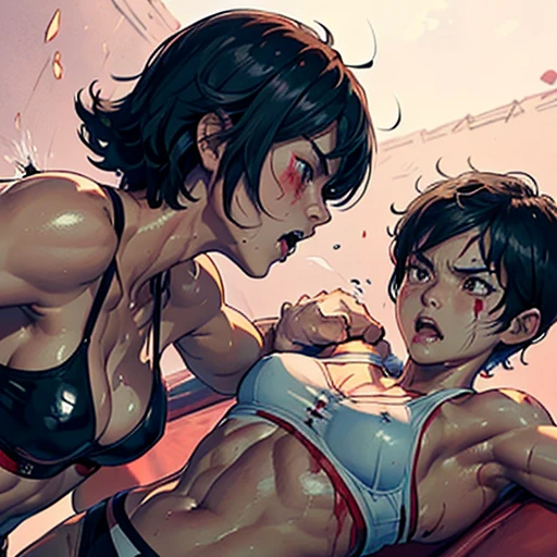 naked two cute japanese high school girl fighters are punching so hard each other in a ring. punch with all their might. dynamin action. thire body and face have bruises and blood all over her body and face. Muscular bodies. Six-pack abs. they have short-cut black hair, shortness of breath, drool from her mouth, one closed eye, exhaustion, and sweat soaked.