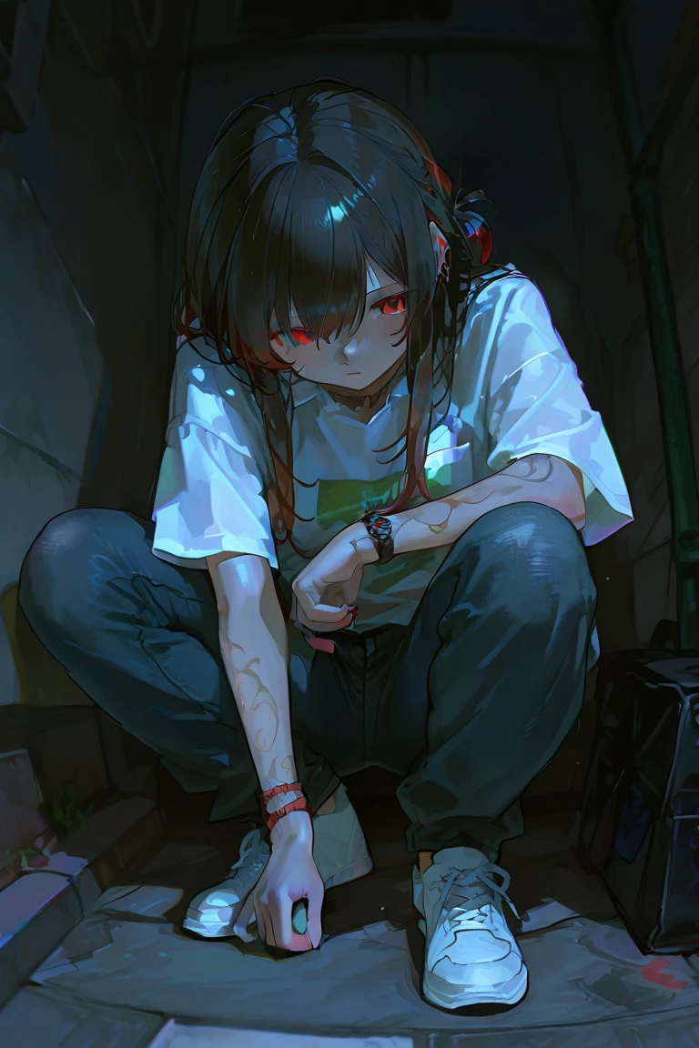 1boy, A boy with dark, piercing black eyes, which seem to reveal deep mysteries. He wears a dark black tank top, contrasting with his pale skin. Her hair is dark black, with white tips that give a unique touch to her look. His teeth, slightly sharp, give it an enigmatic look. His tired look is evident, as are the dark circles that highlight his exhausted appearance. A light, mocking smile appears on his lips, revealing a touch of malice. His feet are barefoot, connecting him to the urban and abandoned environment around him. The scenery is dark, with crumbling buildings and shadows that evoke a mysterious and dark atmosphere.