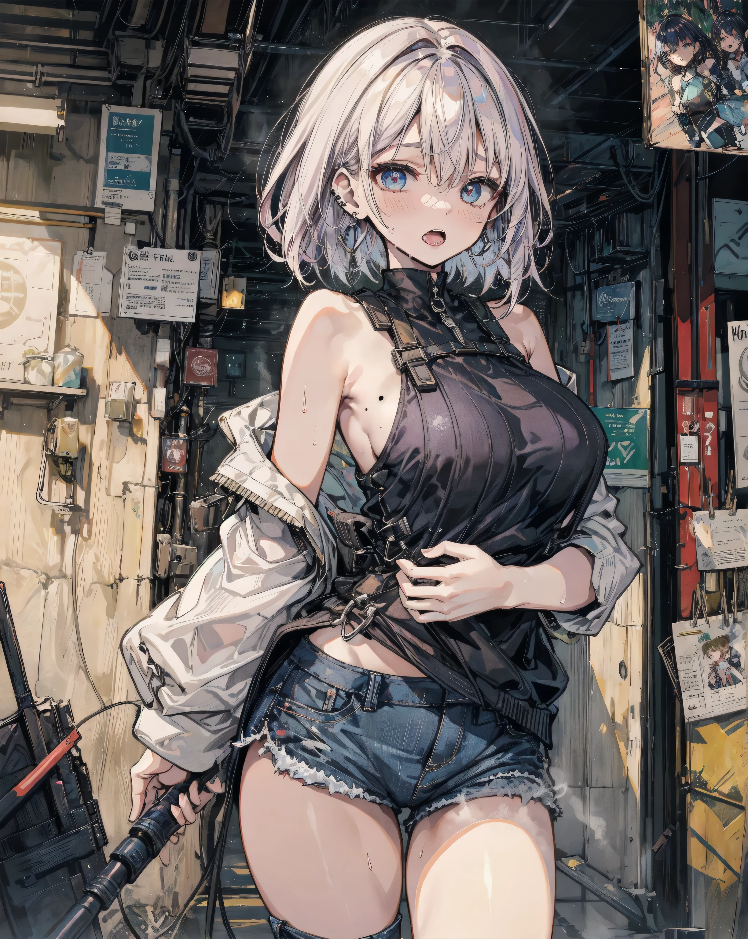 Kizi，looking down on the camera，Breasts in general，White police uniform（Not open），No police caps，short white pants，no pant，pantiess，upper legs，White hair，short detailed hair，Dominant，Dull hairs on the top of the head，It is possible to skim X-shaped hair cards and horizontal bar hair cards，No earrings，Dagger in hand，Best Picture Quality