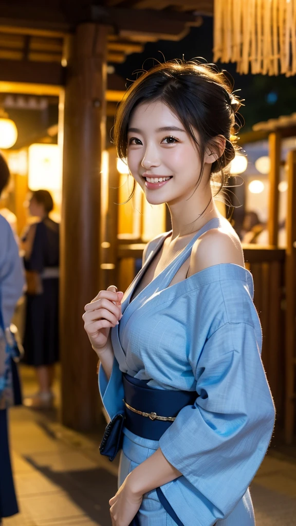 (masterpiece:1.3), High resolution, Super detailed, Highly detailed CG Unity 8k wallpaper, realistic, photo-realistic, Raw photo, beautiful detailed face, white skin, realistic glistening skin, detailed cloth texture, detailed hair texture, perfect body, beautiful face, Accurate, anatomically correct, Highly detailed face and skin texture, natural neck length, (beautiful hand air skin:1.2), thin legs, thin legs, (aligned teeth:1.1), sweaty skin,
break,
fine eyes, symmetrical eyes, light brown eyes, double eyelid, thin eyebrows, (glossy lips:1.4), ((goddess smile:1.2)), (blush:1.1), (A small sparkling hair accessory:1.1),
break,
(classy and cute girl:1.3), (wear (Navy blue yukata:1.2) white floral pattern REAK,
medium big breasts, slender body shape, strong abdominal muscles,
((Up Hairstyles, dark blonde hair, wavy hair, long hair, asymmetrical bangs:1.2)), (upper body shot:1.2), (looking at the viewer), (focus on face:1.2), from below,
break,
((Please stand close to me with your arms crossed.:1.3)), (nightのお台場の巨大観覧車の前で:1.2), (night),