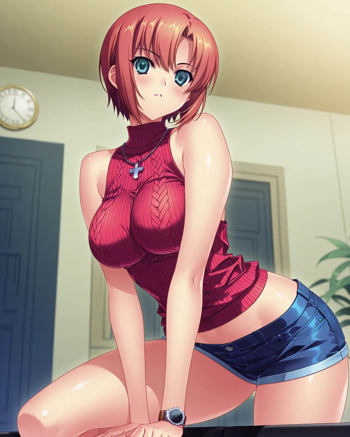 (Anya Forger) , (pink hair), (perky breasts:1.2), (short-height), hot female, facing viewer, (JackOPoseFront: 1.2)