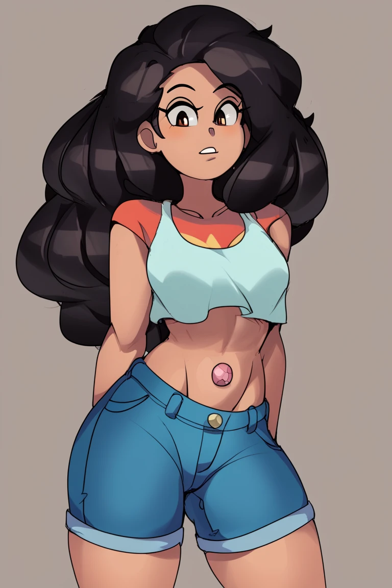 Ralph Bakshi Style, curvy, (blue_eyes), (long wavy black hair), (medium hanging breasts), (pubic_stubble):4.0, tropical beach, swollen vagina, armpits, lewd:4.0