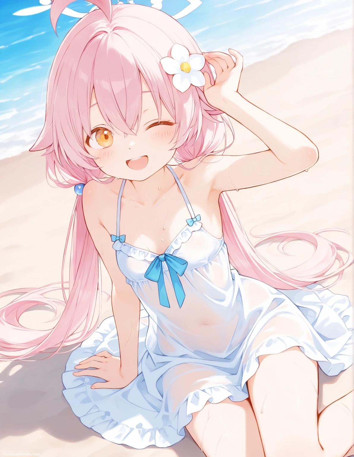 1_girl, (anime, kawai:2), (masterpeice, best_quality, clean:1.5), (sky_background:1.2), (cute, cute_smile, young:1.5), (delicate, beautiful, thin:1.5), (girlfriend, angel:1.8), (green_eyes, simple_eyes:1.5) (long_hair, blond_hair, wearing_pink_dress, pink_angel_wings, sexy_gloves:1.5), extremely_delicate, (love_magic:1.5), (age_size_fits_body), (small_thighs:1.3), (breasts), (eye_level:1.3), (heart_magic, love:1.5), (bikini:1.5)