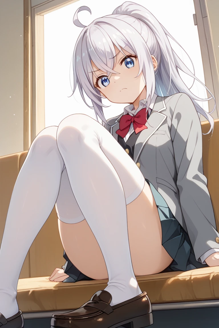 masterpiece, best quality, solo, 1 girl, white hair, purple eyes, school uniforms (sitting on bed, spreading legs:1.5, nsfw, panties),