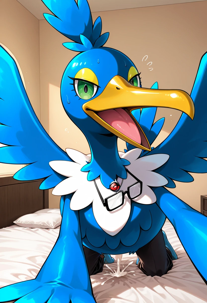 Berdly from Deltarune, artist:magnaluna:0.4, male, avian, bird, avian tail, bird tail, blue body, blue feathers, feathery, blue skin, fully blue skin, completely blue skin, fully blue body, round glasses, thighs, thick thighs, ass, big ass, oversized ass, library, school library, no pants, white shirt, pretty eyes, anal, anal penetration, being penetrated, cum in anus, gay sex, penetrated by naked human, looking back, smile, back-view,