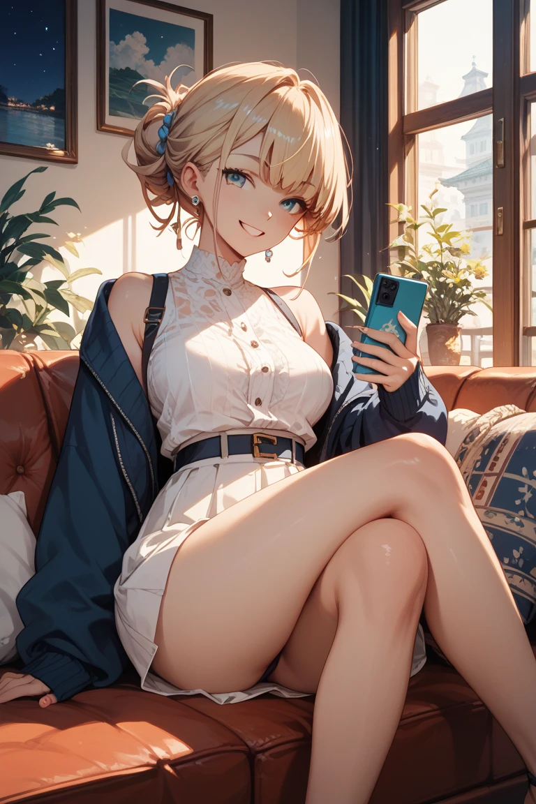 (masterpiece, best quality:1.2), solo, Android 18 from Dragon Ball, ((light gray hooded sweatshirt, Oversized hooded sweatshirt, long sleeve, black_thighhighs, black panties)), thighs, midriff, small breasts, blonde hair, (single hair bun), ((blue eyes)), earrings on earlobes, slender feminine figure, narrow waistline, skinny body, reading book, cleavage, off shoulder, light blush, indoors, chill, cafe, couch, ice coffee, window, organized, simple, white-based interior, a few plants, rain, cloudy sky, magnificent view, blur background, 4K,