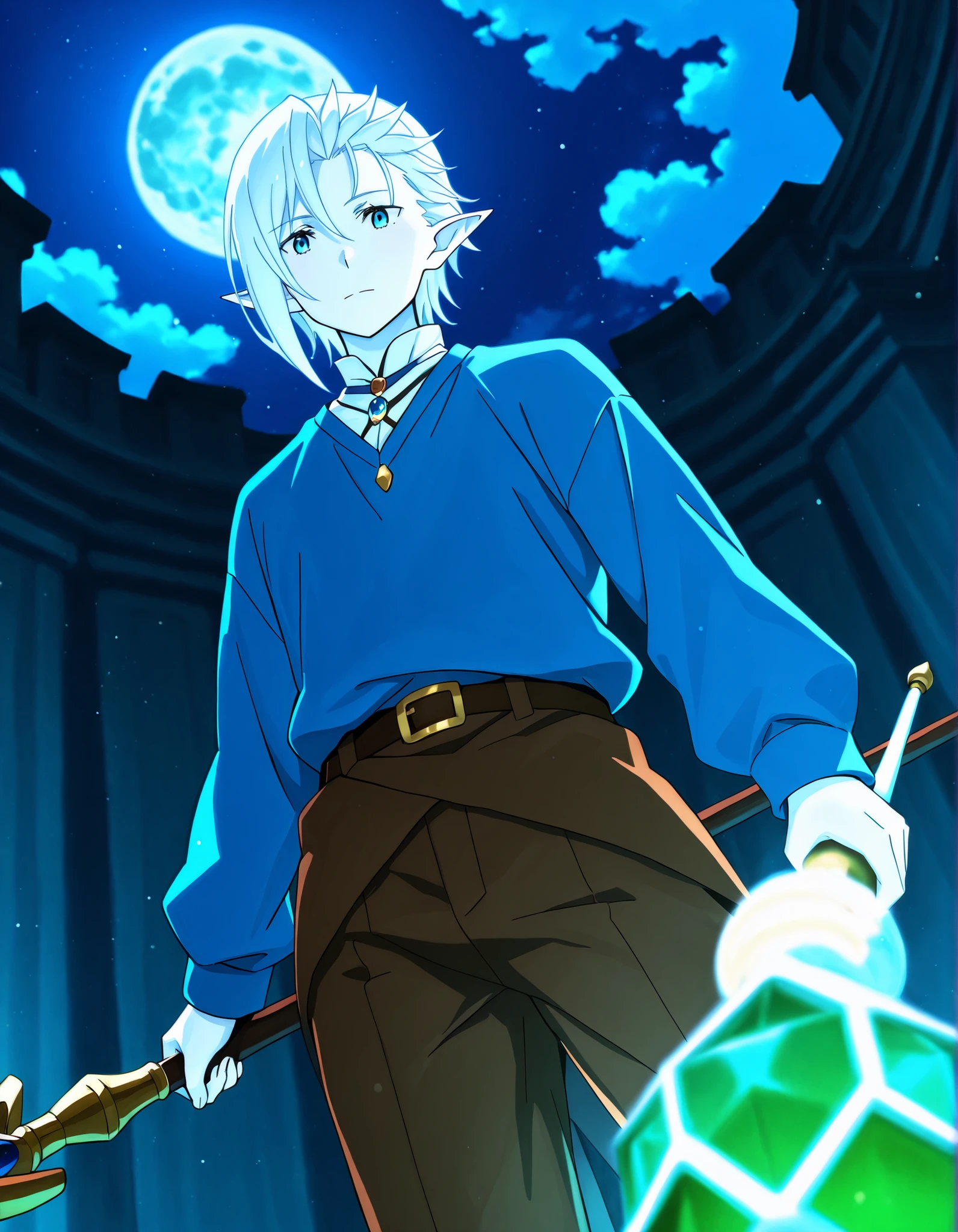 obra-prima,melhor qualidade,Ultra High Resolution,8k uhd,hiperdetalhada,depth of field,1 man, white hair, moon-white skin, blue eyes, blue sweatshirt 💙, brown pants, shepherd's staff, pointy elf ears, alone