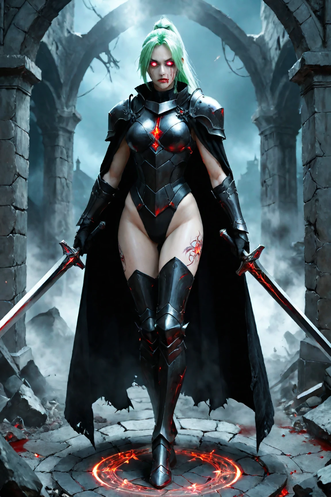 Perfect waist cut, Large breasts, Warrior girl with a small short sword on hand, Skimpy organza clothes ,dark blue hair with red highlights, (perfect nose), Seductive gaze, dark blue boots on high heels with red highlights, (Best Illustration), 8k Resolution, Intricate Details, Best Quality, Realistic, Ultra Detailed, Best Lighting, Best Shadows, Ultra HD, A Necromancer style, Night, Magic, Dark Style, Vampire, (shining red eyes:1.6), masterpiece, high_res, Beautiful face, tyndall effect, photo realistic, (high detailed skin:1.2), 8k uhd, dslr, high quality, Photograph, high resolution, 4k, 8k, Bokeh, absurdres, ponytail contorted, best ratio four finger and one thumb, front view, dark blue hair gorgeous, perfect proportional skinny fitness body, full body view, wet skin, wet clothes, dark cathedral baground scenery, huge bobs, belly muscle, long fit perfect legs, fishnet dark red Stockings