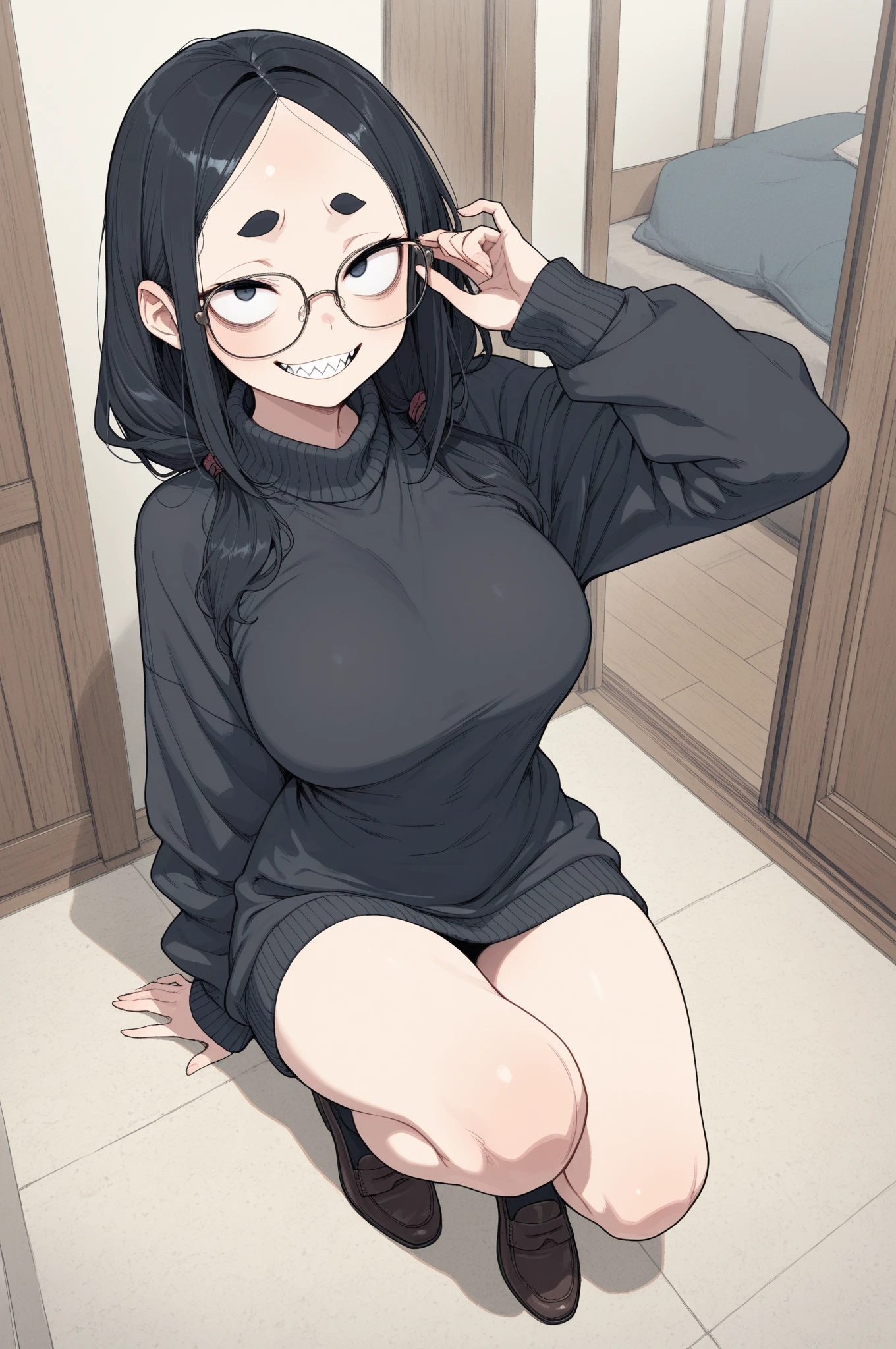 highest quality,(8K Portrait),(Official Art)、obesity、((short hair))、blush,((isark hair)),(Sweat),Black knee socks、One Woman,((:is))、hot、Office Room、Glasses、(Crouch:1.7)、(Wide-open legs:1.5)、whole body、Gray virgin killer sweater、Large Breasts、Hands behind head