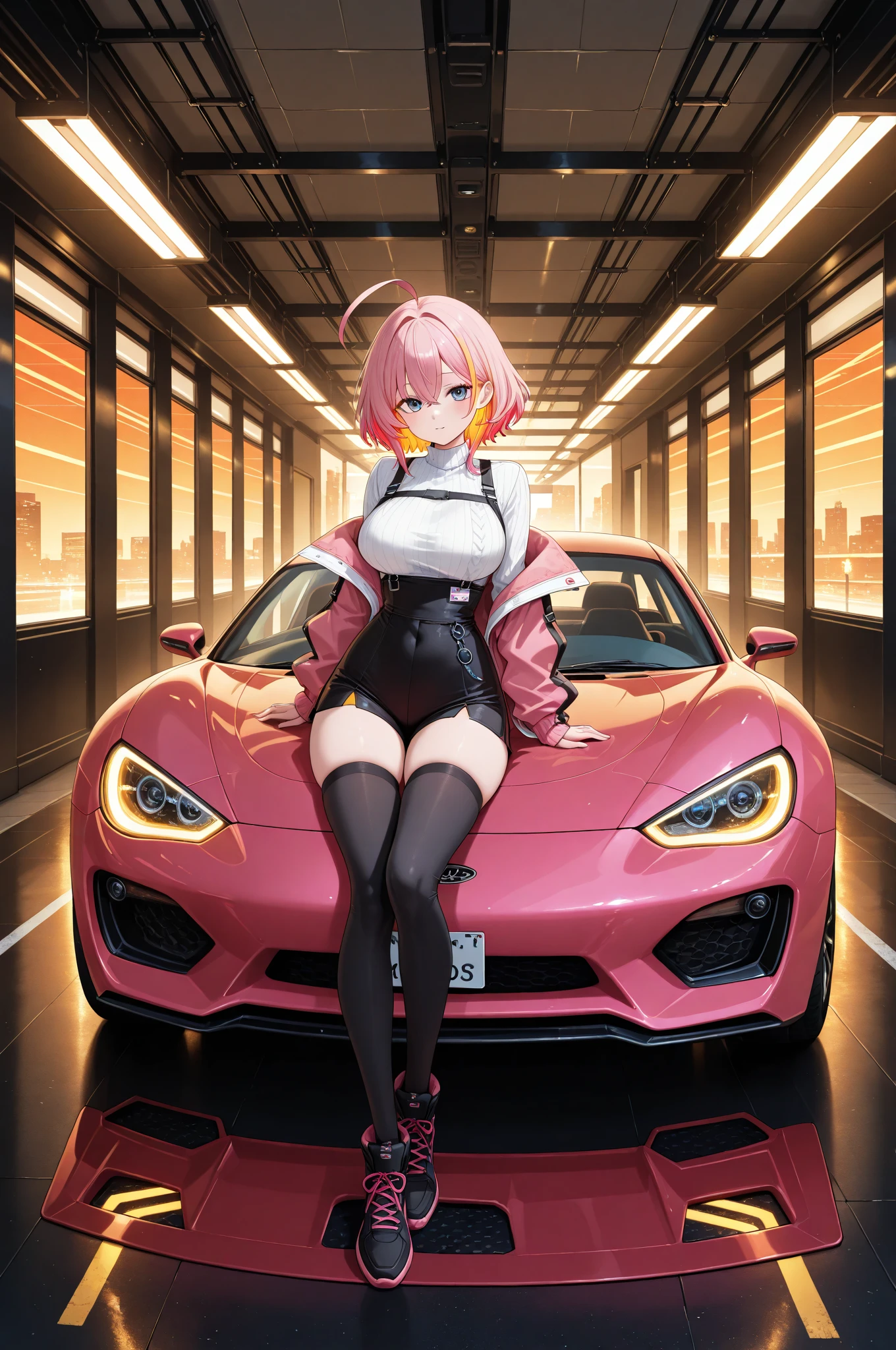 Highest quality、Ultra detailed high resolution Unity 8k wallpapers、Detailed and complete anatomy　masterpiece　Award-winning works　Masterpiece　Ultra-clear　Beautiful big breasts　Beautiful nipples　Horny NSFW　((One Girl))((Dirty erotic pose))　lewd High class Racing Suit Racing car