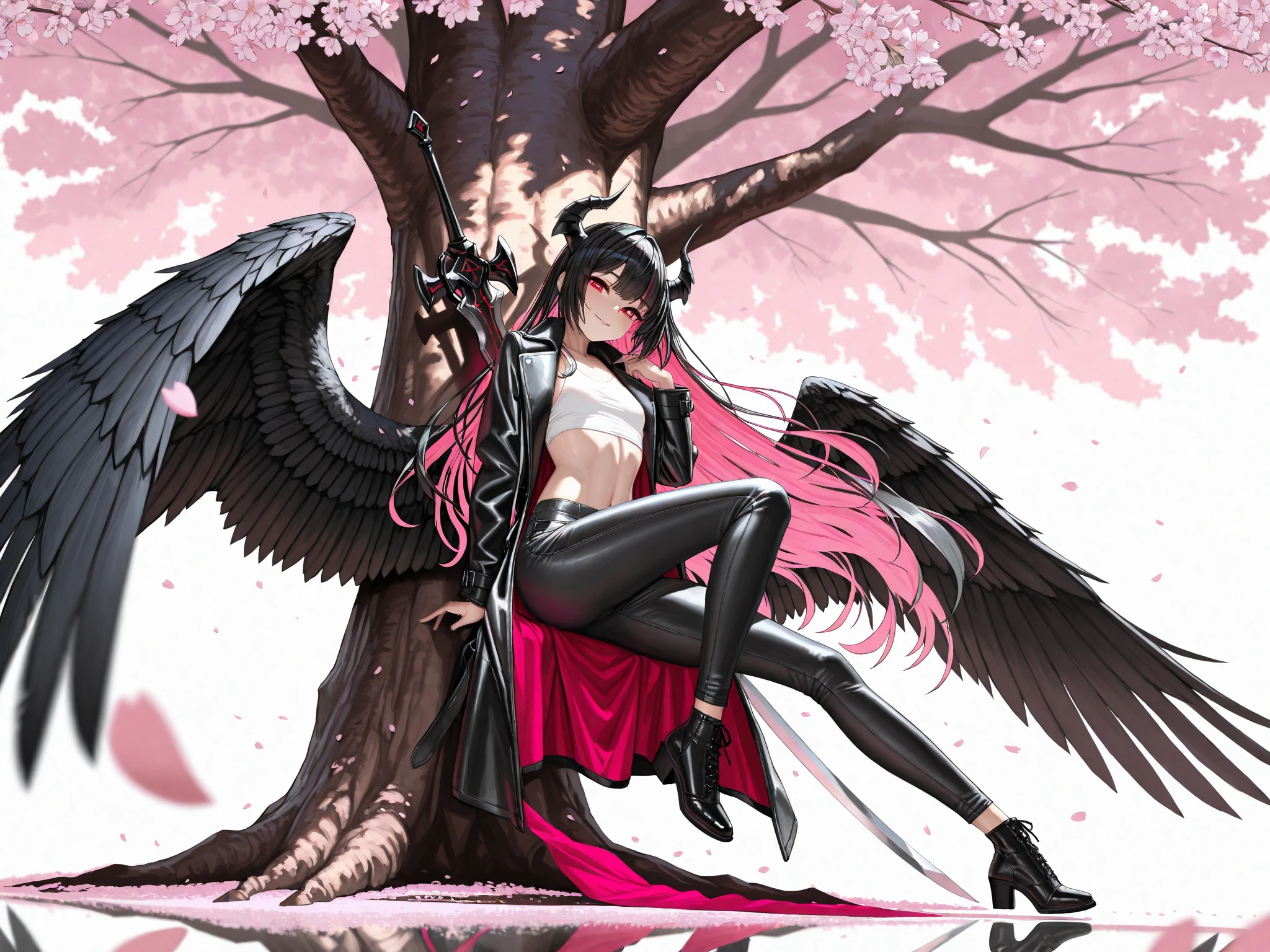 honkai impact, herrscher of thunder, very long hair, full body, pink hair, Sakura petals, Sakura long hair, great long horn, big demon wings, long tail, big tail, great tail, long wings, wings of demons.
