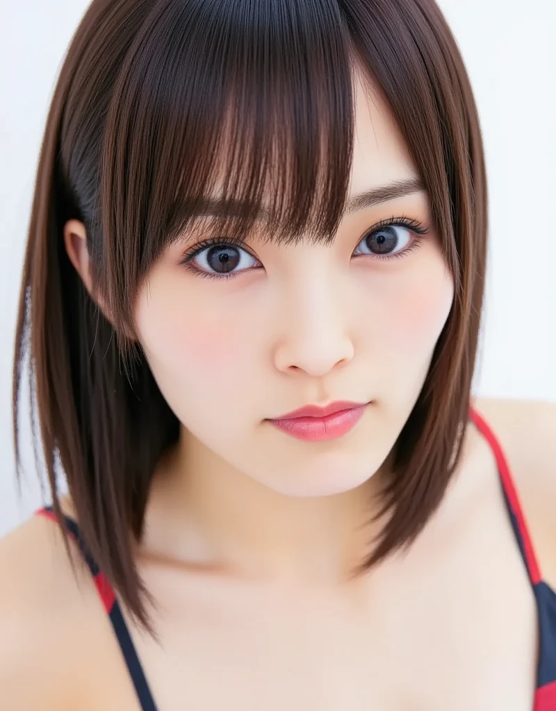 Raw photo, reality, ((bangs, dark brown semi-long hair)), ((focus on face)), ((close-up)), front, Japanese woman, angry expression, ((dark brown short bob, light wavy hair)), ((off-shoulder outfit)), unedited, live-action, authentic, cute young girl, beautiful reflective eyes, beautifully detailed lips, very delicate eyes and face, long eyelashes, faint smile, simple white background, natural light, ((gently closing her eyes and following the kiss)), ((kissing face: 1.7))