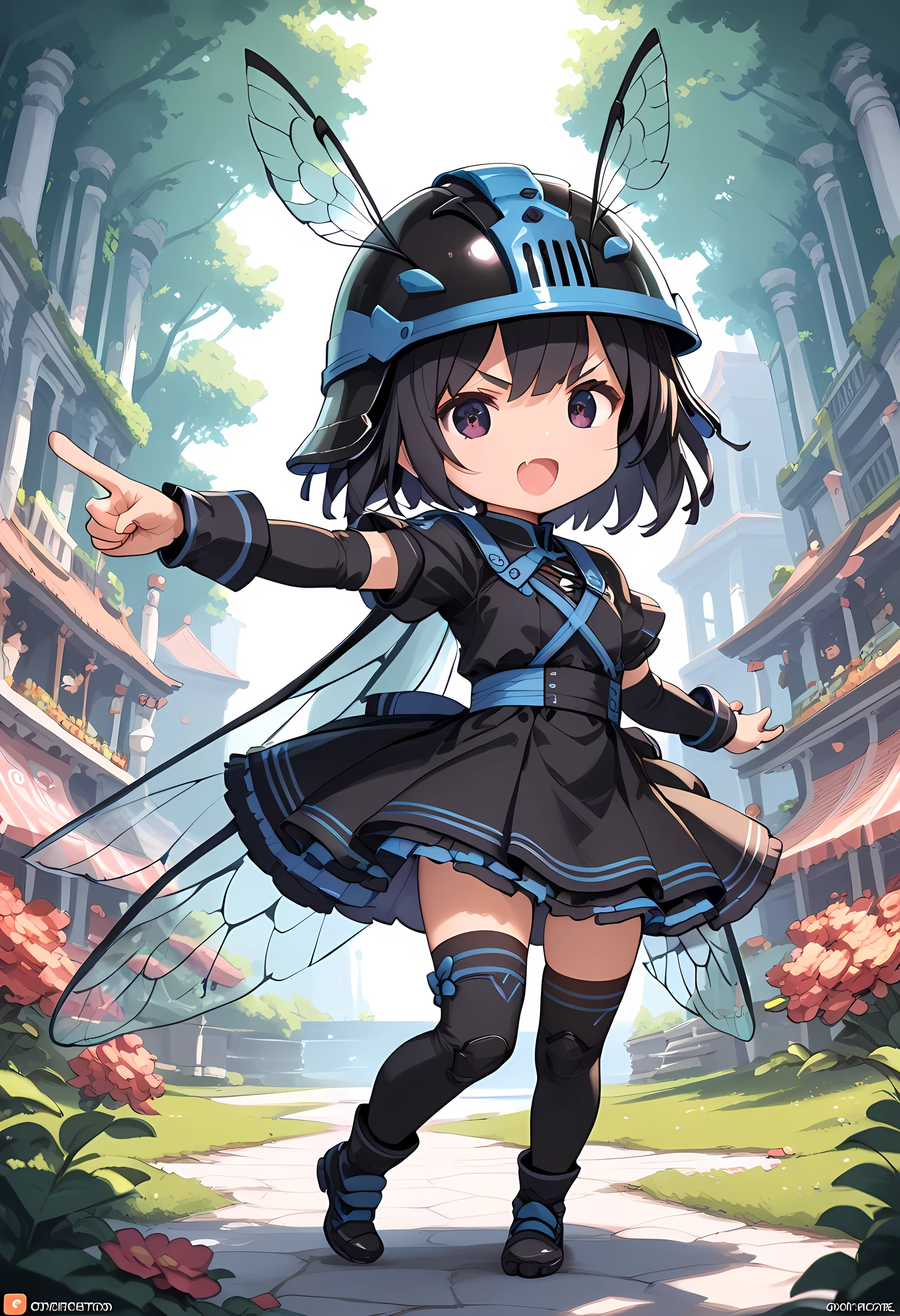score_9, score_8_superior, score_7_superior, masterpiece, best quality, absurdres, high_fidelity, vibrant, sauce_anime, (rating_explicit:1.0), masterpiece, Highest quality, Adorable, Ant swarm, 1girls, loli, chibi, (insect head helmet, black costume, ants cosplay:1.3), v-shaped eyebrows, open mouth, (outstretched left arm, pointing:1.1), from side, indoor, podium, darkness, spot light