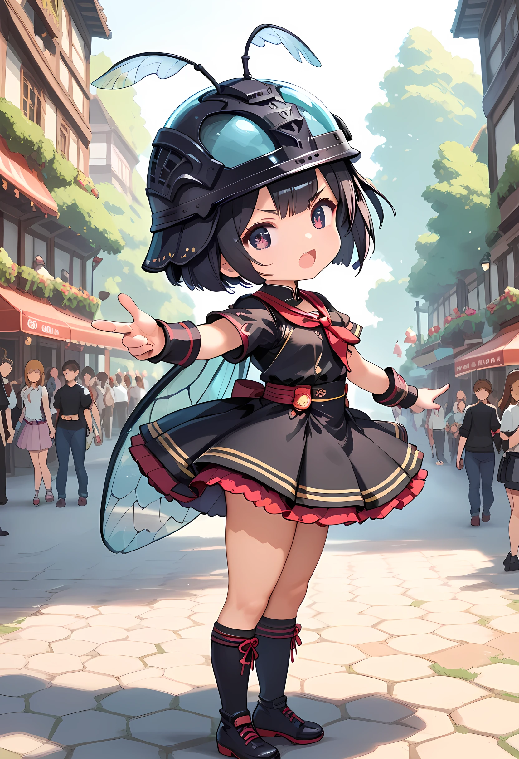 score_9, score_8_superior, score_7_superior, masterpiece, best quality, absurdres, high_fidelity, vibrant, sauce_anime, (rating_explicit:1.0), masterpiece, Highest quality, Adorable, Ant swarm, 1girls, loli, chibi, (insect head helmet, black costume, ants cosplay:1.3), v-shaped eyebrows, open mouth, (outstretched left arm, pointing:1.1), from side, Speech podium
