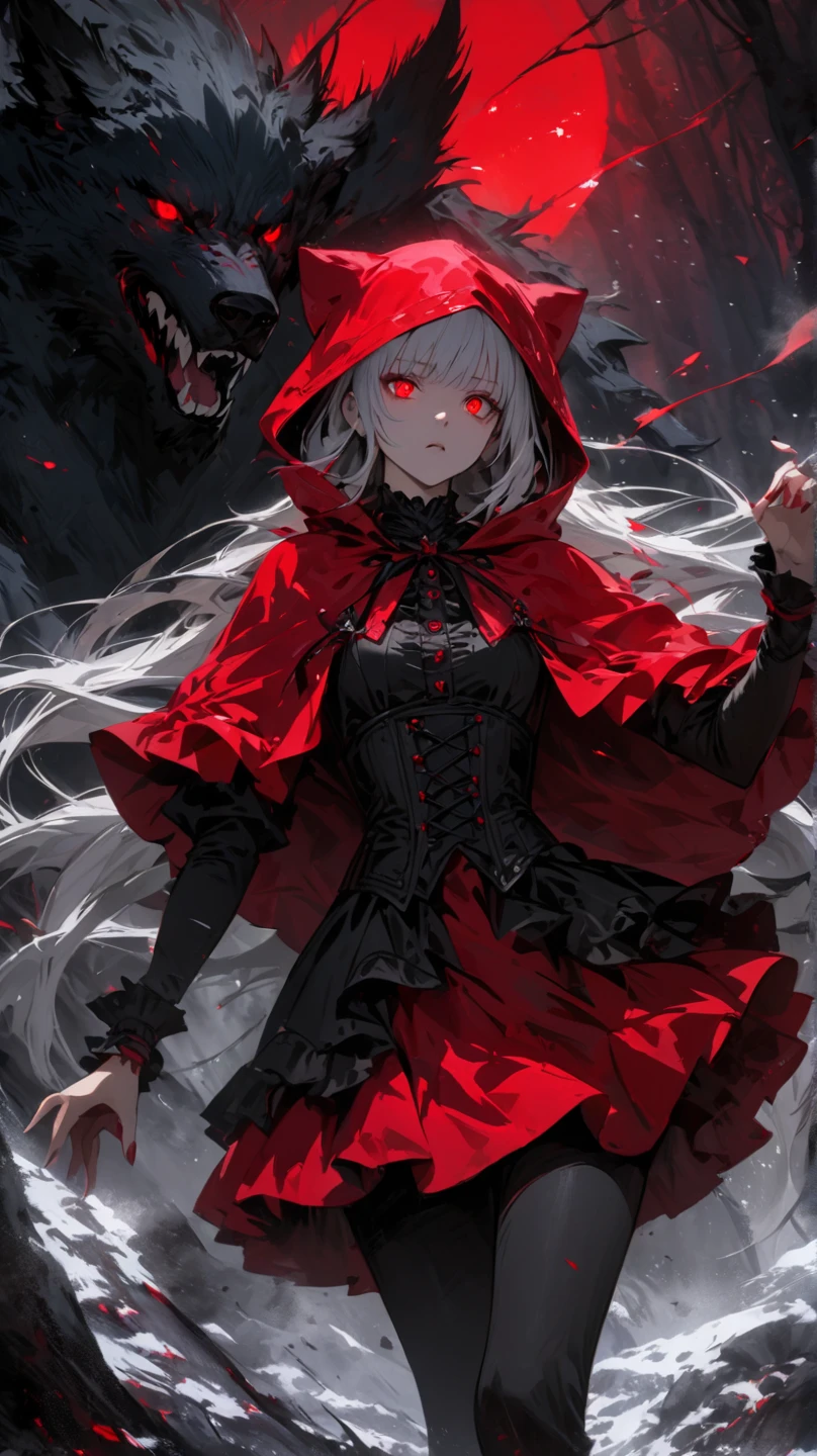 (Highest quality,4K,High resolution,masterpiece:1.2),Very detailed,Realistic:1.37,Portraiture,Dark fantasy,Red color scheme,Soft lighting,Emotional,Enchanted Forest,Ominous atmosphere,Eye-catching,Storytelling,anatomy,Anime Style,Concept Art,Beautiful detailed face and (((Red eyes ))),Flowing Hair,emotional expression,Jewelry crafted with attention to detail,A cape with an intricate pattern,Strong gaze,Feathered Cape,Subtle Shadows,Dynamic pose,Great composition,Mysterious Background,Natural elements,Moonlit Night,wood々The wind blowing between,Eerie presence,Reveal personality strengths and weaknesses,A striking contrast between the red cape and its surroundings,Fascinating story,Rich texture,Depth and Dimension,Highlight the charm and resilience of your characters. (((little red riding hood))), (Blood splatter:1.5)
