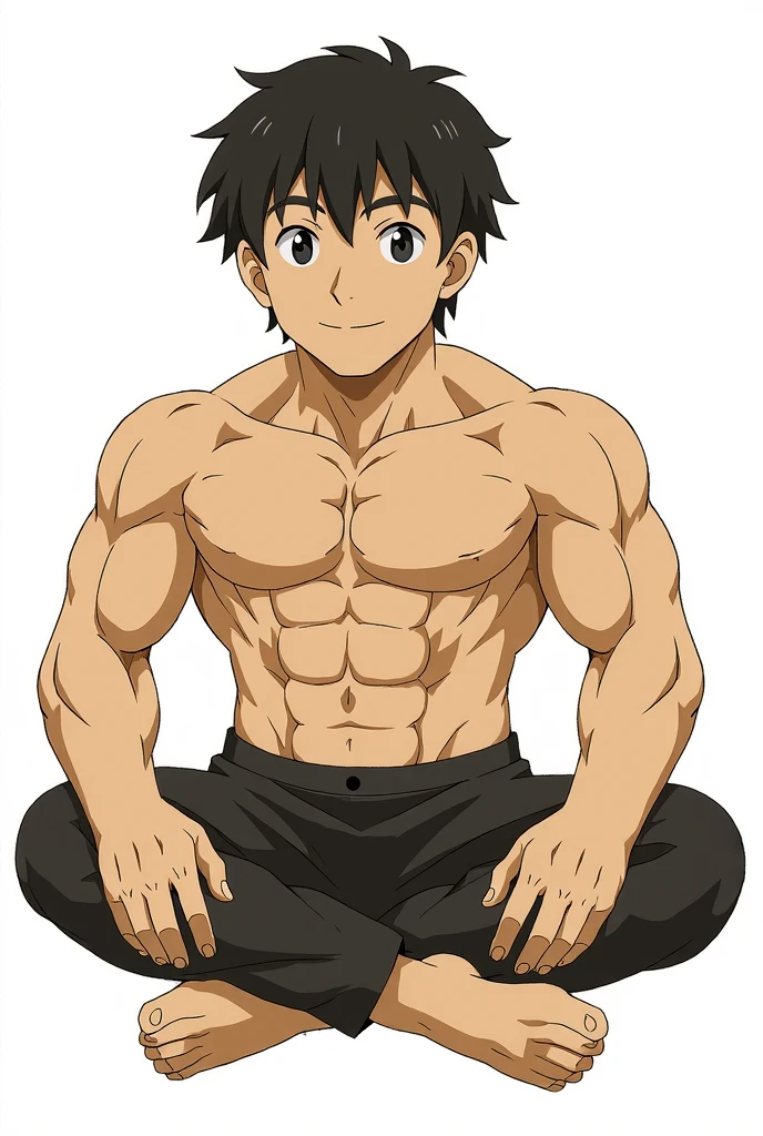 ((11 year old boy)), ((solo)), 1boy, topless male, strong, indoor, smiling, slightly blushing, short hair, black hair, cute face, swollen muscles, height one meter five