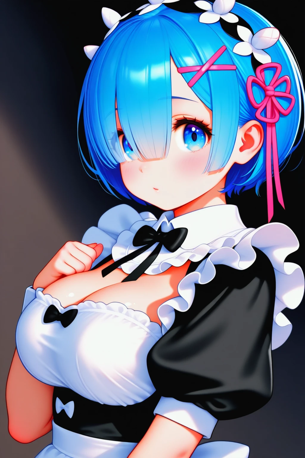 (masterpiece, best quality;1.3), ultra detailed, Looking at viewer, kissy face, from above, open mouth,full body, kneeling,
rem_re_zero, blue hair, short hair, maid uniform, hair ornament, cleavage, maid headdress, detached sleeves, ribbon heart-shaped pupils,pink back ground,
