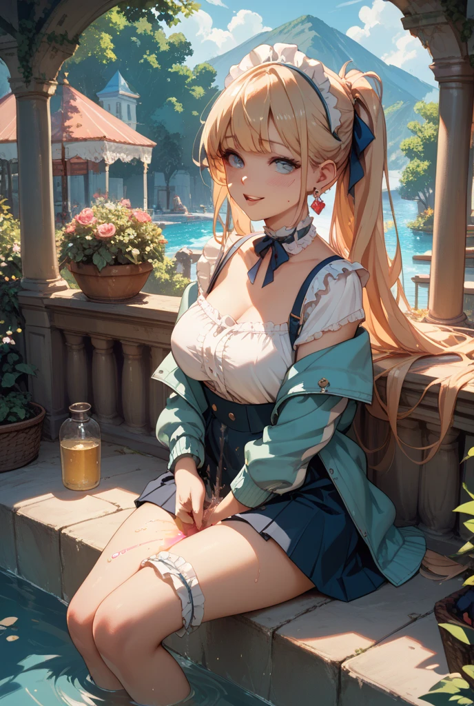 (Enrich the picture,Masterpiece level quality)Beautiful 8K CG artwork,Goddess-like posture,sittinng on the river,Postural exercises,Slim and soft,Translucent skin,Blue hair、The beauty of extra-long hair, Super Long Straight Hair,The skin is fair and juicy,Big breasts lingerie miniskirt uniform,Perspective Part 1.2x enhanced silhouette effect,Exquisite transparent blues pattern in pajamas,The details are intricate and exquisite,The background is slightly blurred,Charming and lustful leg seduction,Drool,K cup big breasts,Blush,Japan goddess,Perfect body slim curves,Scene by the sea,