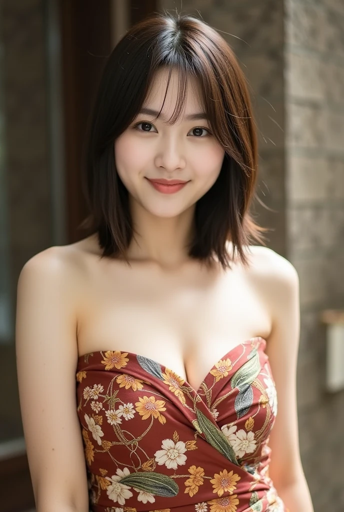 (8k, best quality, masterpiece:1.2), (green_kebaya_bali), (realistic, photo-realistic:1.37), ultra-detailed, 1 girl, cute, solo, beautiful detailed sky, detailed cafe, night, sitting, dating, (nose blush), (smile:1.15), (closed mouth) large breasts, beautiful detailed eyes, (collared shirt:1.1), night, wet, business attire, rain, white lace, (short hair:1.2), floating hair NovaFrogStyle,