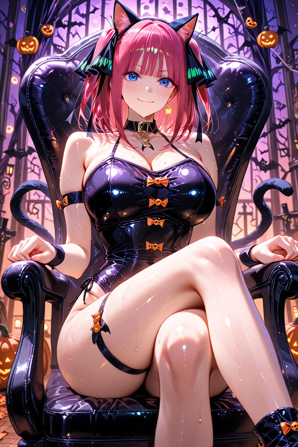 (top-quality:1.1), (masterpiece:1.4), (absurderes:1.0), portlate, a closeup,
1girl in、Momovelia Deviluk、hair adornments、bob cuts、Shorthair pink hair、a purple eye、Medium chest、((Leotard))、looking at the viewers、Bedroom、(red blush:1.2)、embarassed expression、(((Black pantyhose)))、black backgrounds、((Long gloves))、((Opening legs))、long boots、Pumpkin Lantern、fullmoon、(bunnygirl)