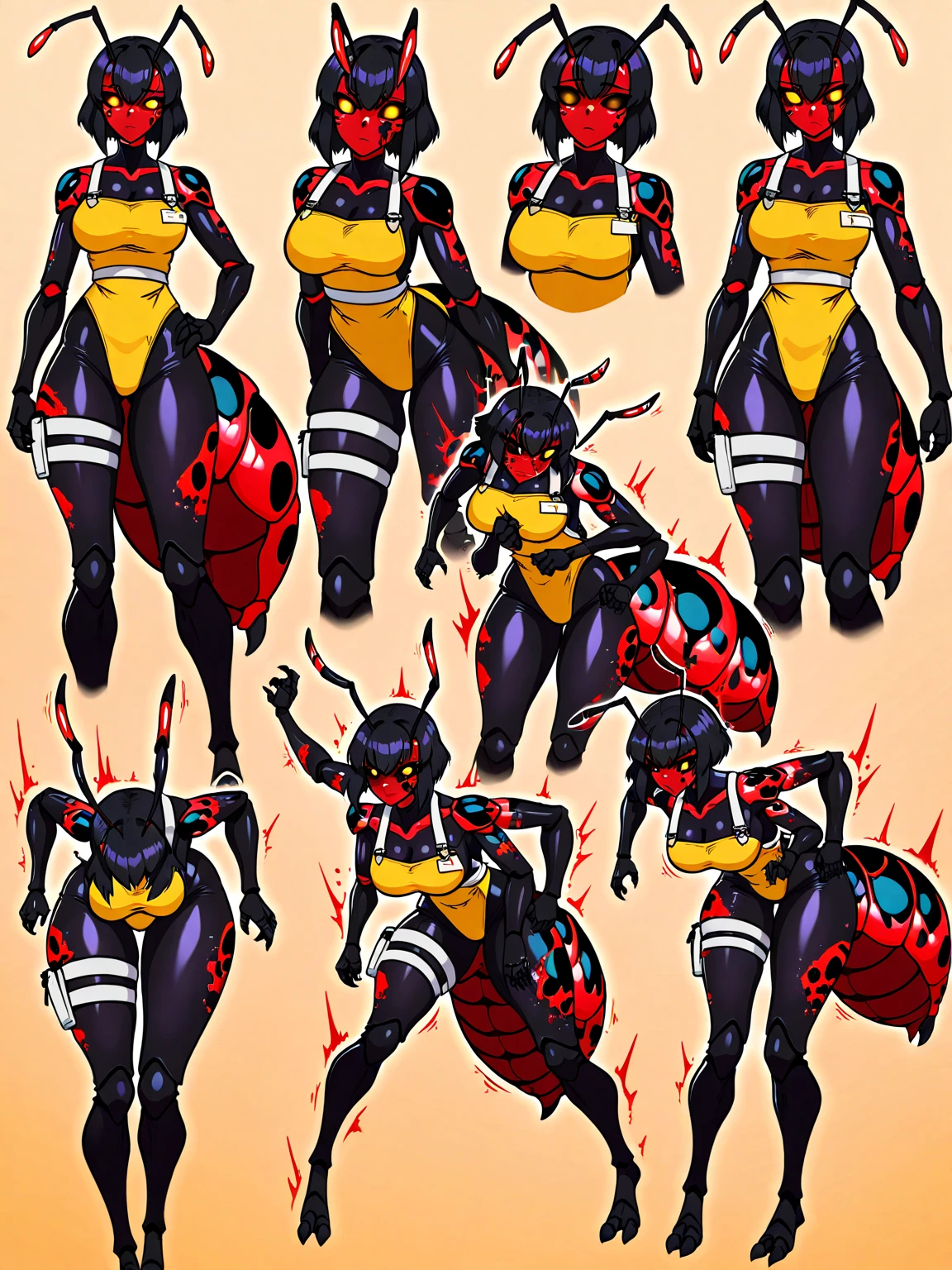 Cartoon photo of woman in green and red costume, hot insect humanoid woman, Guyver style, SFW version, red eye, scarab reploid, bellows tail, cel shade adult animation, alien queen, serpentine pose,