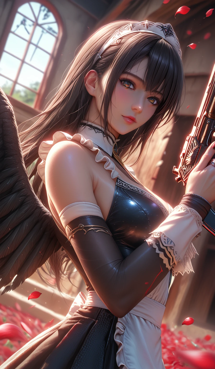 1 girl, assault rifle, bangs, breasts, cleavage, feather wings, fishnet leg suit, fishing net, gun, hair between eyes, holding a gun, long hair, looking at the audience, red eyes, rifle, solo, thighs, very long hair, weapons, wings