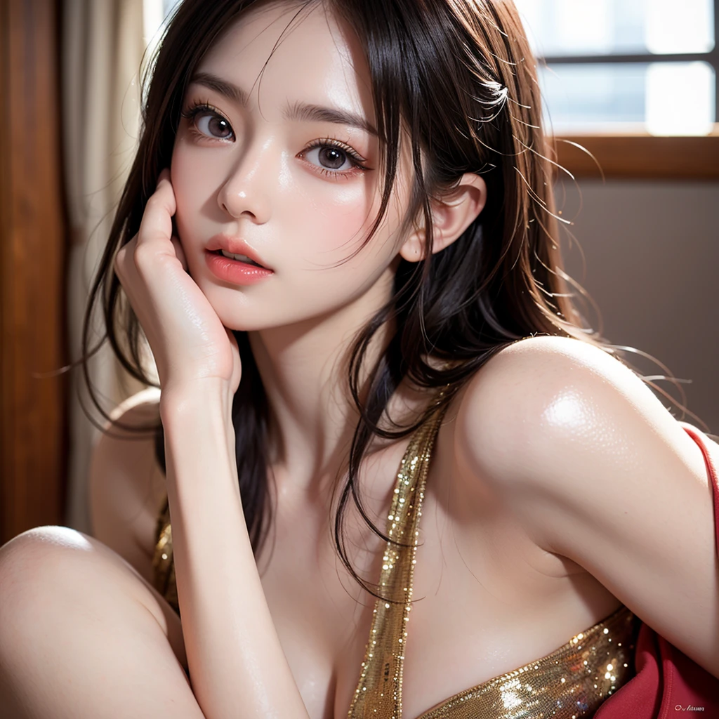 Cool black outfit, Cowboy Shot, Very detailed, 21 years old, Innocent face, Naturally Wavy Hair, High resolution, masterpiece, 最high quality, Intricate details, Very detailed, Clear focus, Delicate skin, practical skin texture, texture, Delicate eyes, Professional, 4K, Cute Smile, Shot with Canon, 85mm, Shallow and deep, Kodak Vision Color, Exactly, Very detailedな, photograph_\(Extremist\), photographpractical, practical, Post-processing, Maximum details, Roughness, Real Life, Extremist practical, Photorealism, photographgraphy, 8kウルトラHD, photographgraphy, (最high quality、Tabletop、8k、Best image quality、Award-winning works)、(Red eyeshadow:1.2)、Perfect Makeup、Long eyelashes、Ultra-high definition sparkling eyes、Ultra HD Hair、ultra High resolution glossy lips、Super High resolution perfect teeth、Super High resolution cute face、Black Hair、(Very short straight hair:1.1)、Look at me and smile、[clavicle]、Accurate anatomy、With bangs、超High resolutionのShine肌、The most detailed face、Ultra High resolution detailed faces、ultra High resolution hair、Fashion model, 25 years old, Perfect Eyes, Perfect Iris, Perfect Lips, Perfect Teeth, Perfect Skin, Soft Front Light, Shine, High resolution, (Soft colors: 1.2), Best Quality, a photographrealistic portrait of a stunningly beautiful woman without make-up, Very detailedな light hazel eyes, Symmetrical, realistic face with great detail, Very detailedな natural texture, Peach fuzz, Messy Hair, masterpiece, Absurd, award winning photograph by lee jeffries, nikon d850 film stock photographgraph, Kodak Portra 400 Camera F1.6 Lenses, Very detailedな, wonderful, The finer details, Rich colors, hyper realistic lifelike texture, Dramatic lighting, Unreal Engine, Trending on Art Station, Cinestill 800 Tungsten, Looking at the audience, photograph realistic, RAW photograph, Tanvir Tamim, high quality, High resolution, Sharp focus, Very detailedな, Cinema Lighting, 8k uhd, Kneel, 