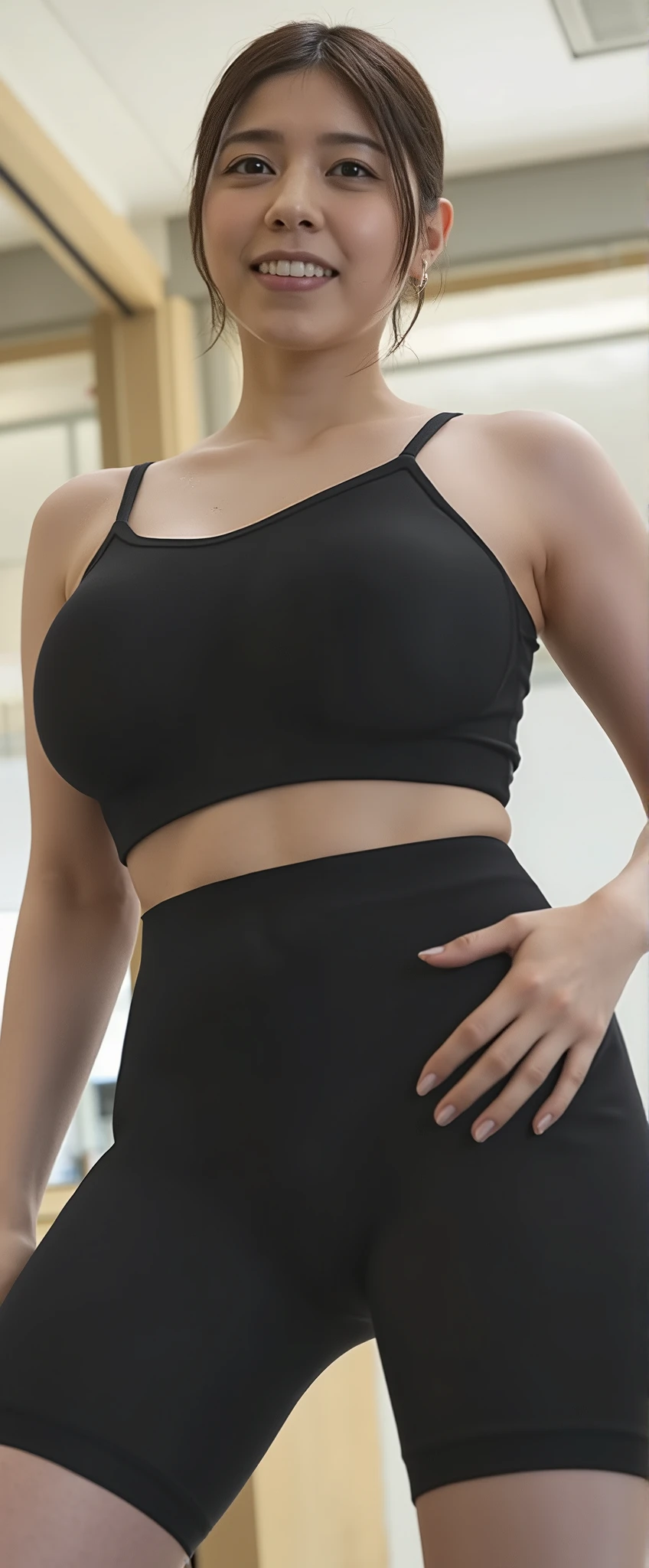 (ultra realistic, highly detailed:1.4), best quality, portrait of an 18 yo. boy, androgynous, short hair, thick black hair, bedhead, tank top, midriff, ((longtorso, ltso):1.5), tall