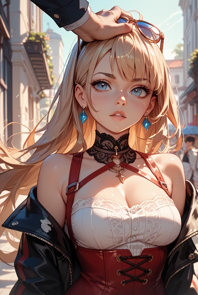 (masterpiece), (top-quality), sunset, natural lights, ,(realistic:1.5), 1girl, long blonde hair, curvaceous, looking at viewer, eye contact, stunningly beautiful 20 years old scandinavian girl, viking shieldmaiden, warrior, raider, detailed medieval village in background, sunset, snow, winter, natural lights, leather_armour, furs, viking_raider_armour, necklace, tattoos, Cleavage athletic body, large breasts, upper body, mid shot, masterpiece, detailed, mature, bright colors, high saturation, stunningly beautiful girl, dark blue eyes, dark blonde hair, , enchanted_beauty, precise hands, ferocious smile, smirk, confident look、arrogance, Clear eyes, Shining eyes,, ultra-definition, Top resolution, soft lightning sultry look, seductive