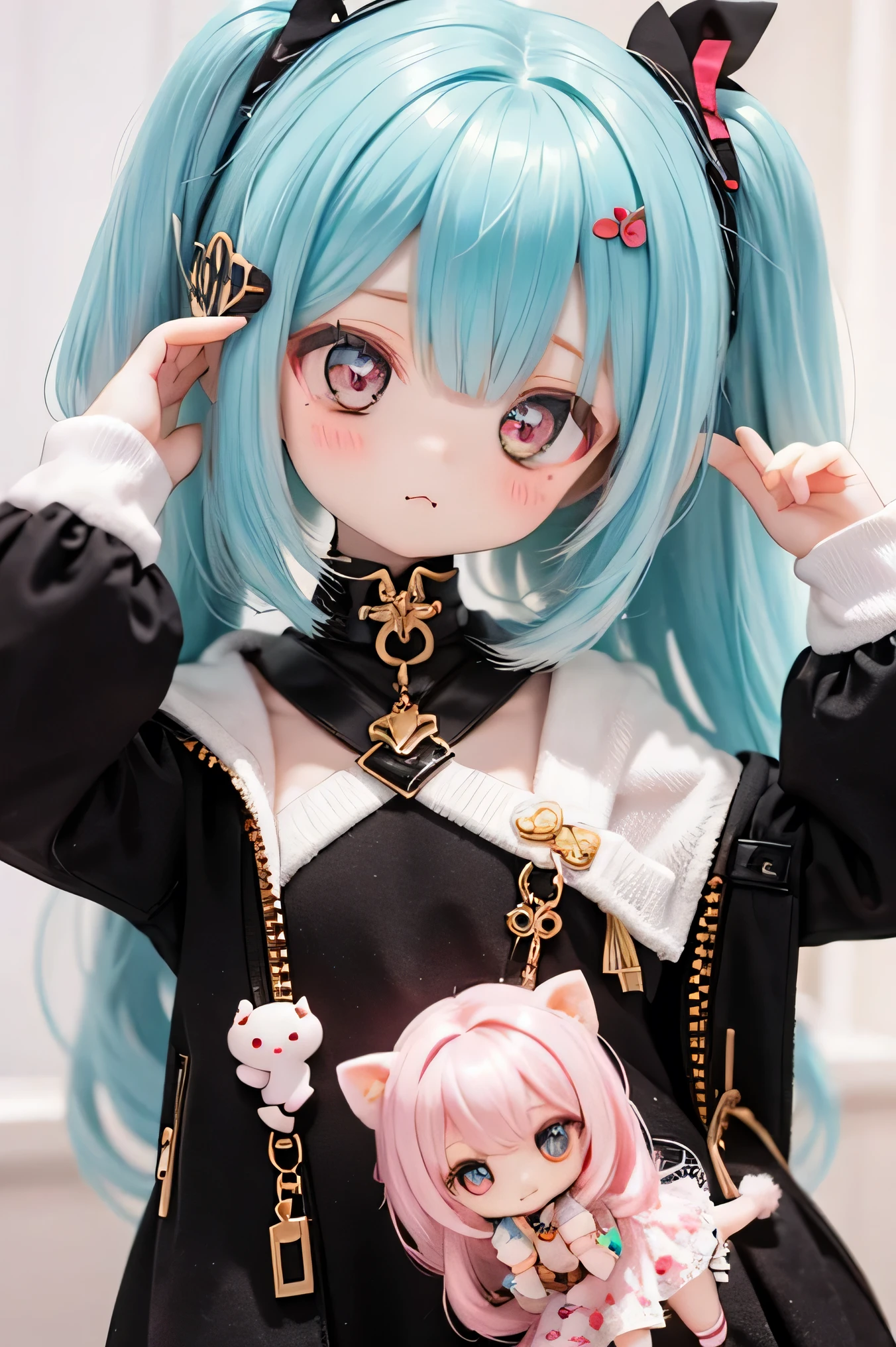 Masterpiece, best quality, high quality, ultra detailed, cowboy shot, 1girl, blunt bangs, hime cut, (((long twin-tails))), black hair, black eyes, jirai fashion, lots of earring, tearful eyes, sad, blood-stained bandage round arm, menhera, holding smartphone, send you large number of messages