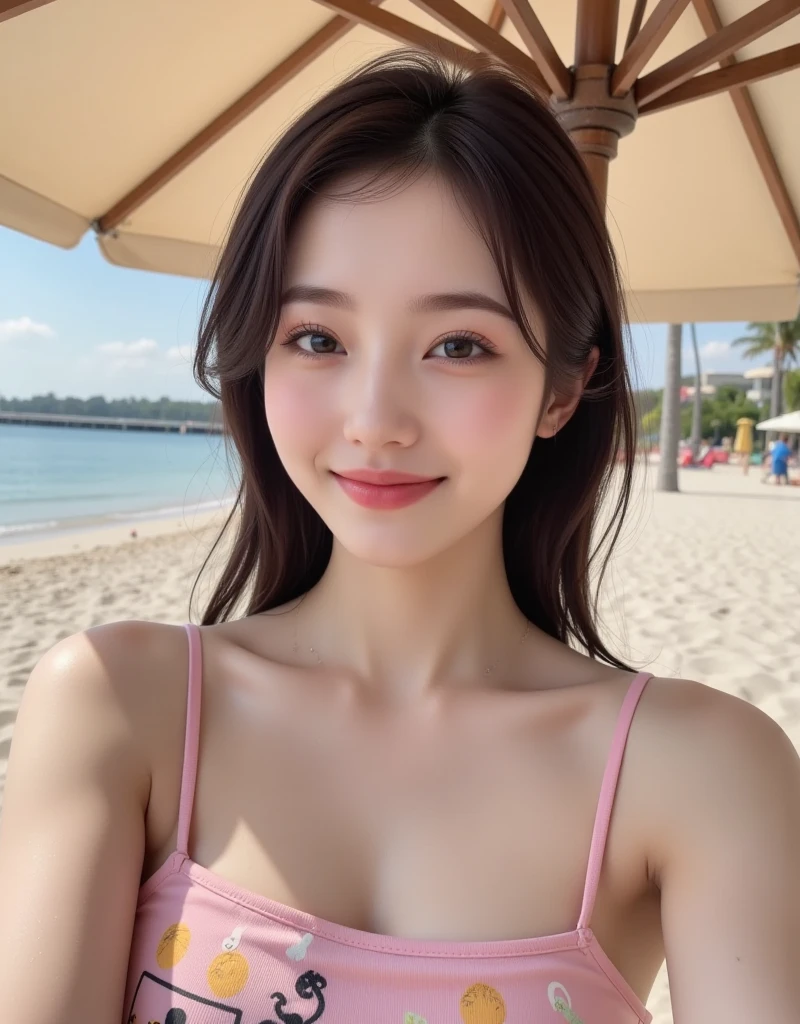 ((Best Quality, 8K, Masterpiece: 1.3)), 1girl, Slender Beauty: 1.3, (Casual hairstyle, Upper body: 1.2), Swimming, Pink swimsuit: 1.1, Super fine face, Delicate eyes, Double eyelids, smile, on the beach