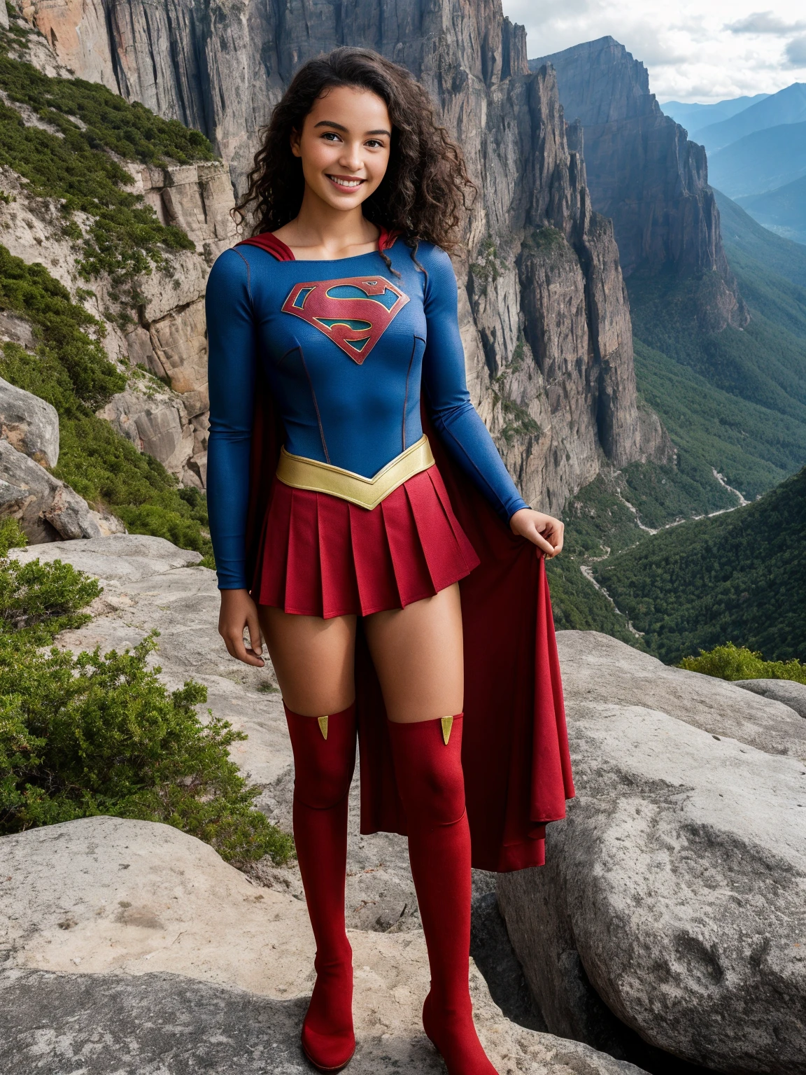 RAW, Best quality, high resolution, realistic, masterpiece: 1.3), Supergirl, black hair, perfect nose, perfect lips, perfect eyes, smiling, detail :1.2), supergirl in short red skirt, blue supergirl skinsuit, full body image detail, watery eyes, RAW, Best quality, high resolution, masterpiece, duchenne smile, toothy smile, show back side, standing, one leg on boulder, cross legs, spread legs wide open showing white lace panties, red skirt, show cameltoe, medium thick thigh, The Catlins waterfalls, full body picture.