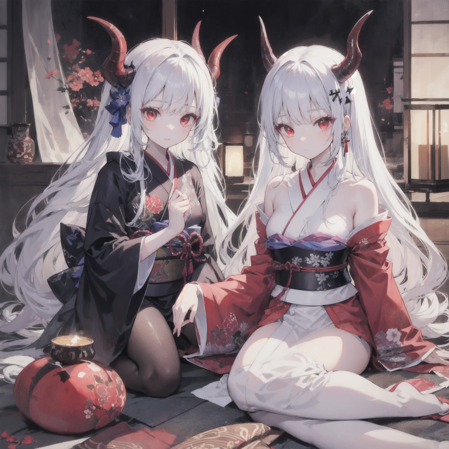 (masterpiece, best quality, ultra-detailed, best shadow, absurdres, 4k, 8k), (detailed background, Fibonacci, unione, wide shot, full body, medieval Japan, imperial palace, light smile, sitting, facing viewer, looking at viewer, ), (beautiful detailed face, feminine features, mature face, aged up), (best illumination), ((cinematic light)), colorful, hyper detail, dramatic light, intricate details, (1girl, kami, woman named Hakunetsu Ōkami, Japanese, horns, oni, oni horns, elegant white hair, yellow eyes, long kimono, mother, goddess),