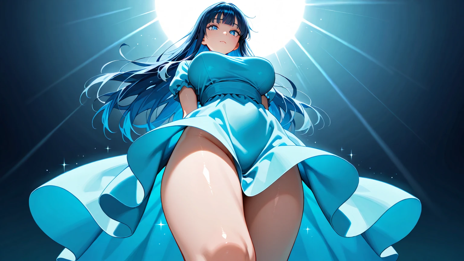 master part, high, high quality, detailed face, Detailed body, full body, slim body, nude, 1girl, solo, hinata hyuuga, blue long hair, nude shoulders, large breasts, necklace, bracelet, hair ornament, standing, seriuous face, blushes, night, space, nebula, moon and stars, galaxy, fight pose