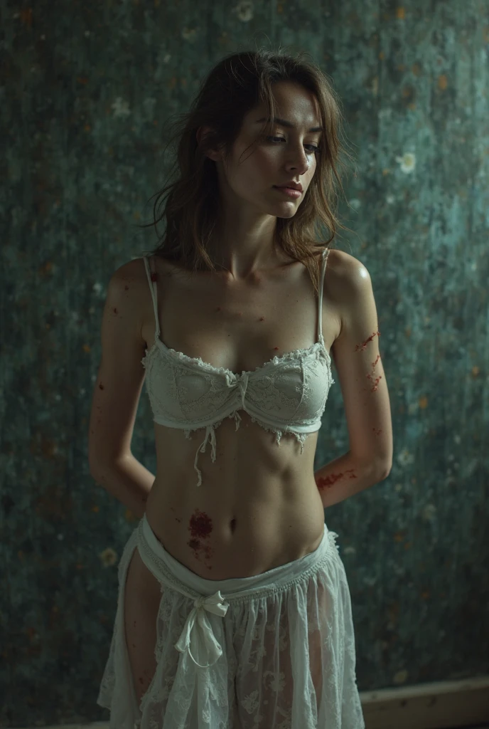 Belle femme européenne qui reçoit une balle de revolver dans le nombril, il saigne, elle se regarde mourir en contemplant son nombril vulnérable qui saigne.