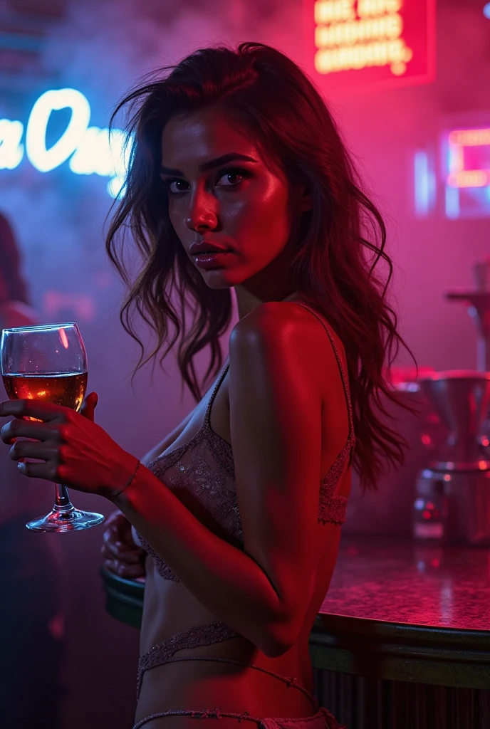 Portrait of Abigail: Attractive woman with updo, sitting at the bar in a nightclub. This masterpiece is of the highest quality, Very detailed, Best for 8k HDR wallpapers. Featuring cinematic lighting with sharp focus and exquisite detail.