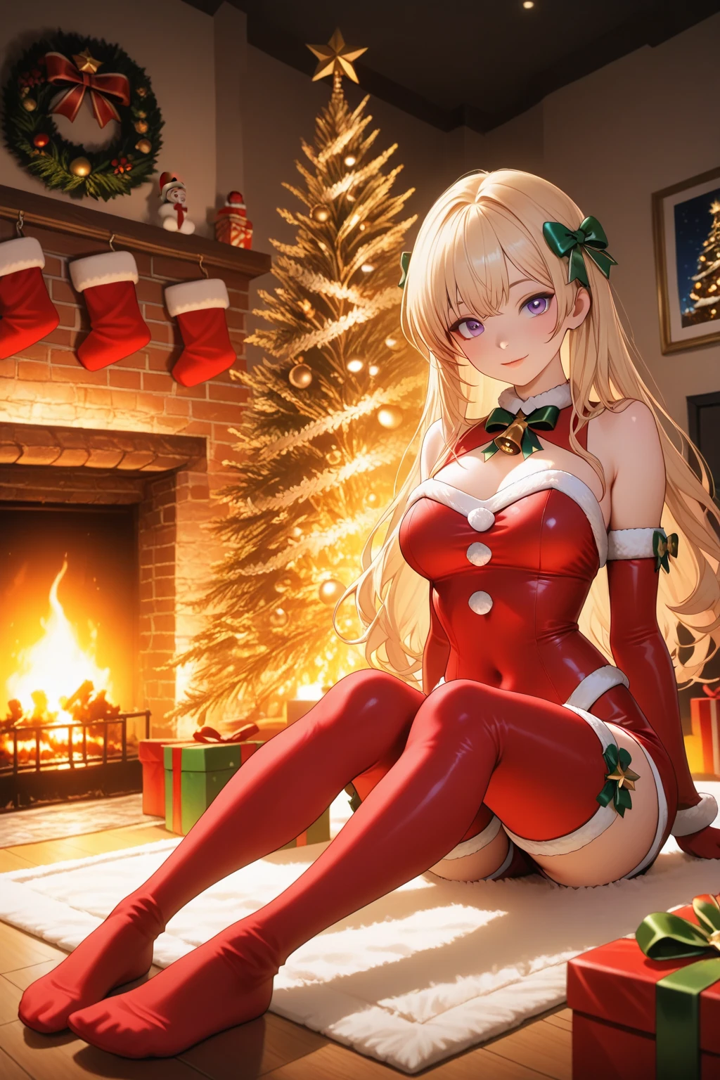 Highest quality,Highest Resolution,A sexy high-leg Santa girl,Open mouth and dripping tears and saliva,Bedroom,Christmas tree,