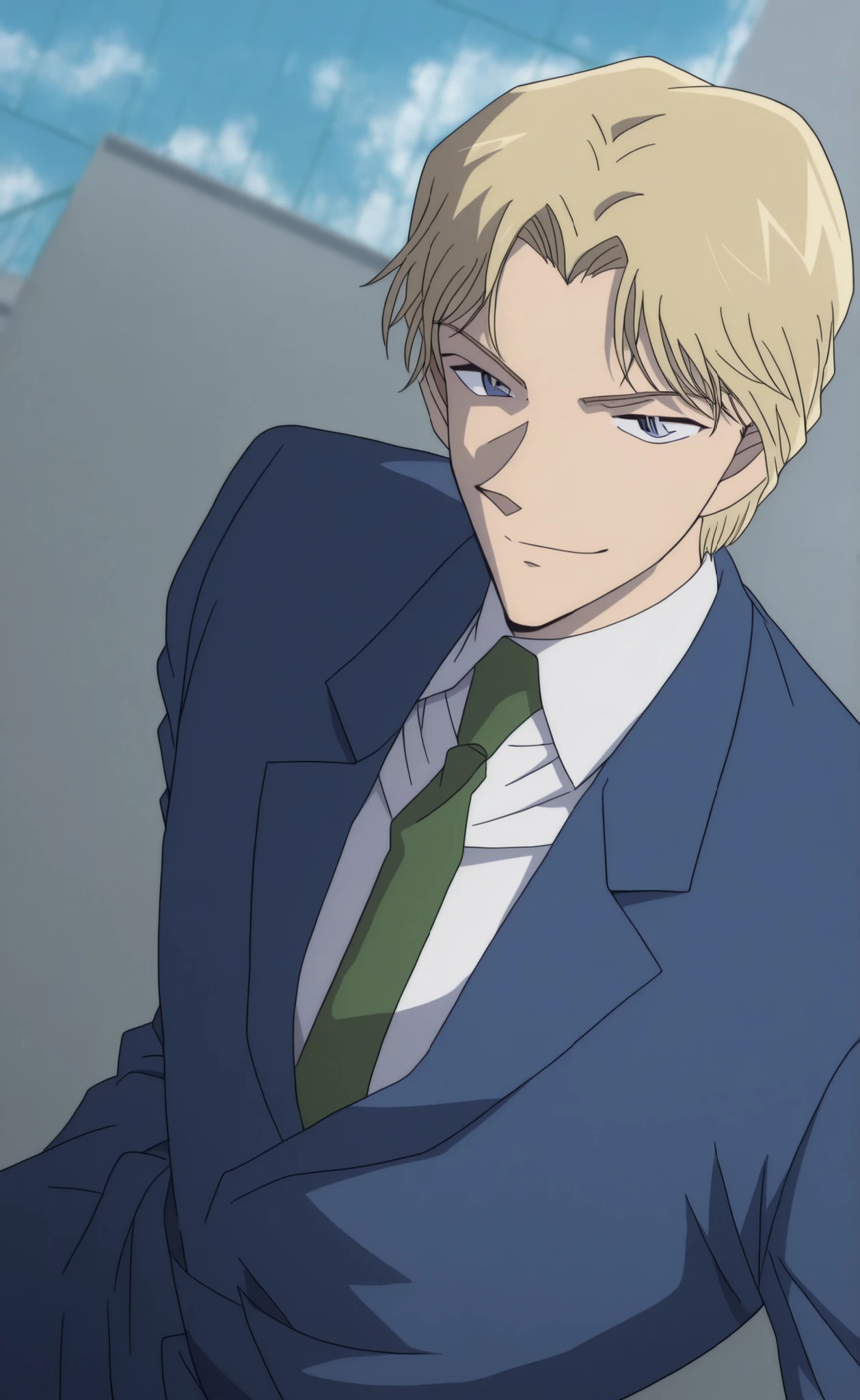 1male,solo,Johan Liebert,blond hair,short hair,blue eyes,smirk,blue suit,white shirt,green necktie,rooftop,Detective Conan Style
