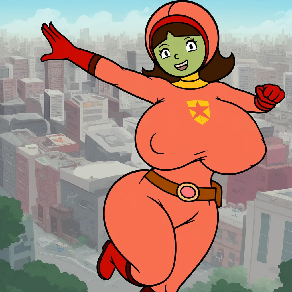 score_9, score_8_up, score_7_up, score_6_up, BREAK, Source_Cartoon <lora:dr_simi_x_mama_lucha:0.9> mama lucha, super hero, , brown hair, large breasts, female mature, milf, plump, cameltoe, detailed outdoors background, sexy pose, seductive smile, big nipples, erect nipples, rating explicit, standing,