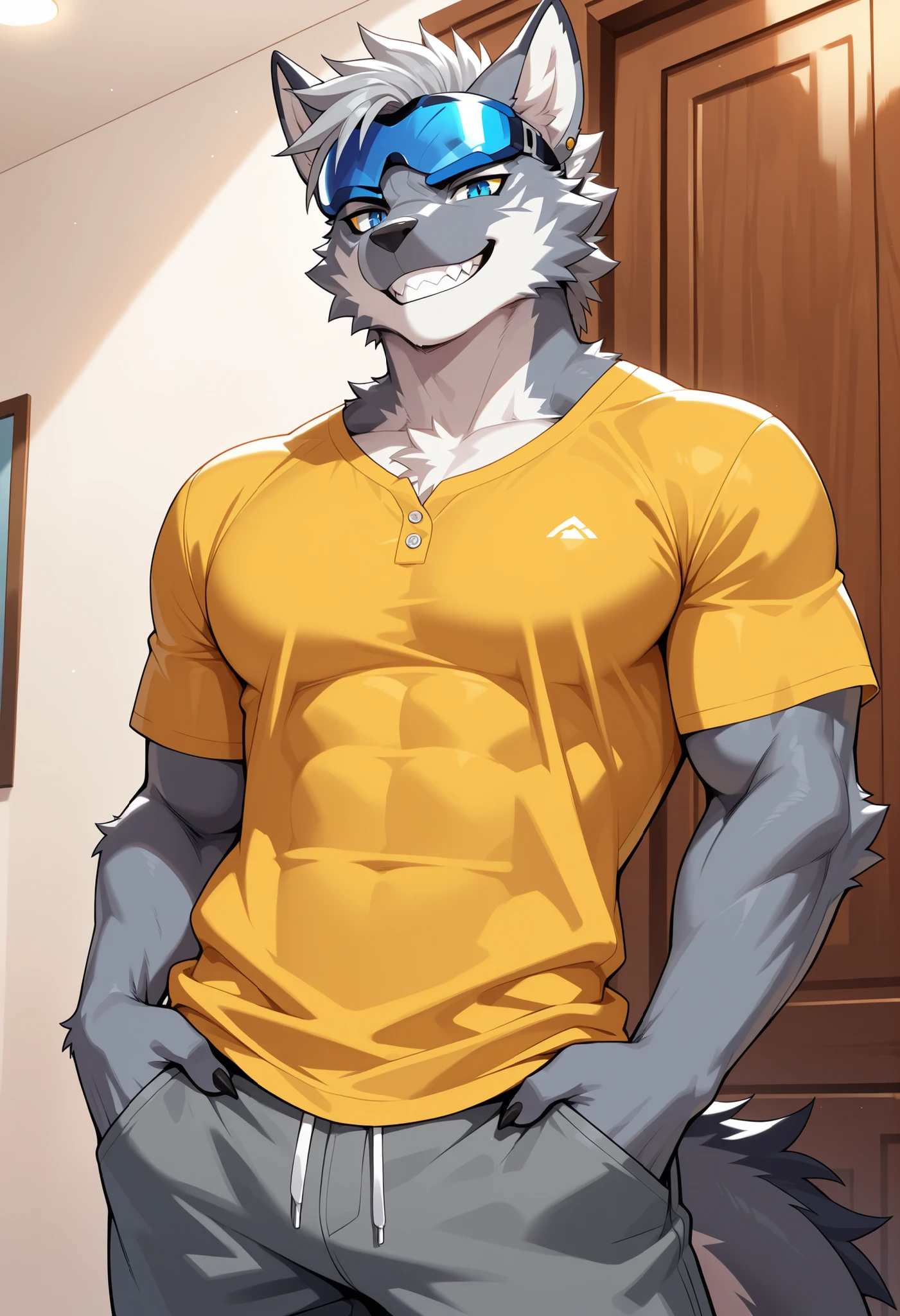 Argo, solamente, , enfoque masculino,, por Zackary911, por tiempos, solamente, masculino, zootopia style, Antecedentes detallados, sonriente, sonriente, Mirando al espectador, (sombreado suave), 4k, cualquier cosa, Tema oscuro, dormitorio, rayado, Rayas, macho musculoso, solo, suspensorio, pecho descubierto, desnudo, solo, solo en ropa interior, cuerpo completo, en boxer negros,