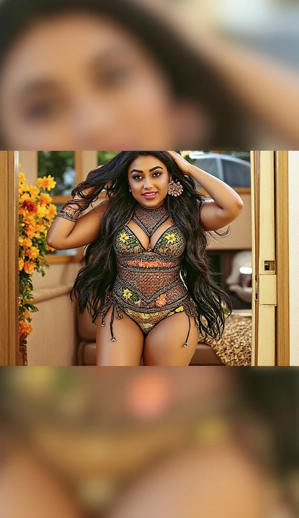 CURVY indian woman with enormous boobs with Plump female body, she has a busty body, with off shoulder tightest half sleeve low cut color square neck spandex crop top with deepest v cleavage dan shortest tight mini skirt. in a well lit crowded church hall. crowd is watching her. big eyes, blurred background, ultra focus, face illuminated, face detailed, 16k resolution, full body view, Breasts,