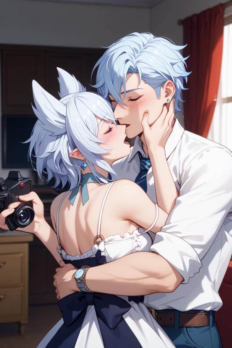 NSFW,Hololive,Shirakami Fubuki,Gray Hair,Fox ears,White blouse、(abdomen:1.2)、Removable sleeves、Black shorts、Blue neckerchief、Thigh straps、Single Thigh High、Gray Hair、One side braid,Open clothes,(Perfect hands),(Perfect Anatomy),(masterpiece),(highest quality),Embarrassed,blush,(orgasm:1.5),(Ecstasy face:1.8),(Sweat:1.5),Open your mouth、Sticking out tongue,Leg spread,Lift your butt,Trembling,(Delighted:1.5),(One man:1.5),(Deep Kiss:1.5),Love Hotel,Luxury Room,Are standing
