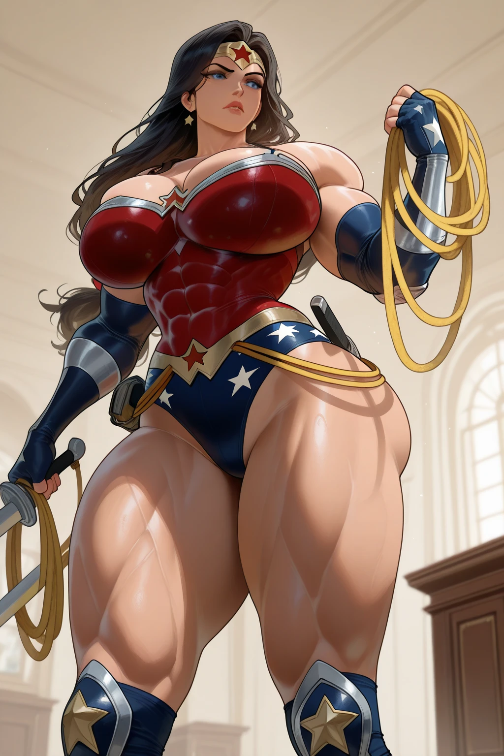 Natural Beauty, Masterpiece, Hailee Steinfeld, Perfectly Accurate Face Proportion, Thick Eyebrows, Wonder Woman, Wonder Woman Tiara, Big Breast, Curve Wide Hips, Toned Thighs, Toned Arms, Grin On Her Face, Heroic Stance with Form-Fitting Suit: From behind, Wonder Woman stands tall with her feet shoulder-width apart and her hands on her hips. The tight suit clings perfectly to her figure, highlighting the curves of her waist and hips. The detailed fit accentuates the musculature of her back and legs, with her long hair flowing over her shoulders.