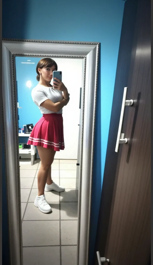 there are two photos of a woman taking a selfie in a mirror, thighs!!!!!!, exposed thighs!!!, wearing white skirt, collage, thighs!!!, in shorts, white skirt and bare chest, visible legs, thighs, White mini skirt, bare thighs!!!, 2263539546], very very low quality image, 18 years